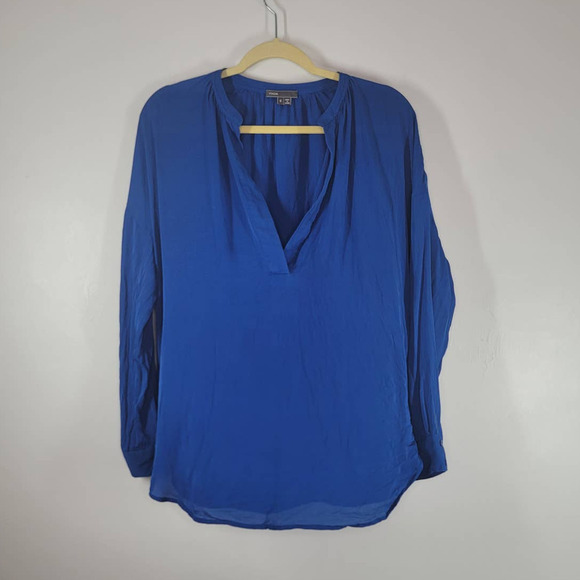 Vince Silk Half Placket V-Neck Popover Long Sleeve Blouse Cobalt Blue Size Small - Picture 3 of 7